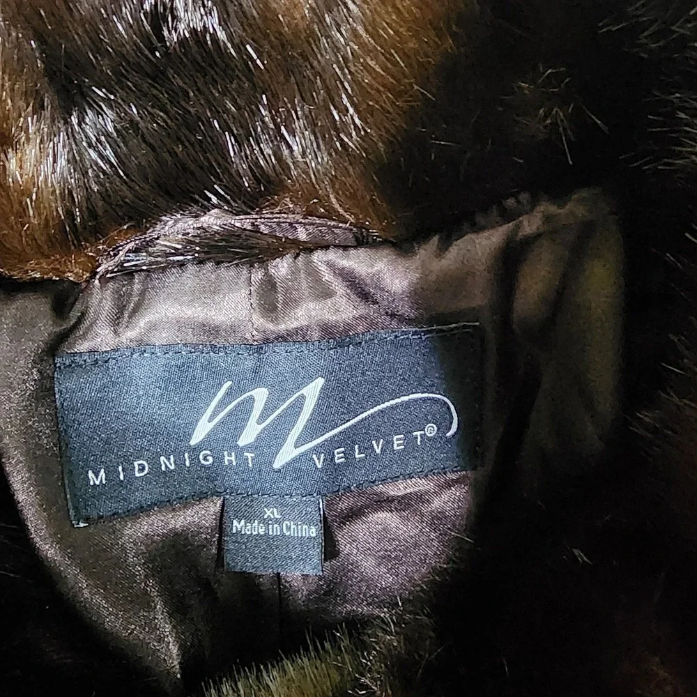 Midnight Velvet Faux Fur Jacket XL Brown Pockets Evening Winter Outerwear Prep